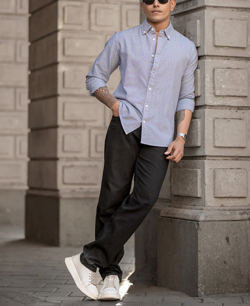 Powerlook Navy Micro Check Lightweight Shirt Cotton