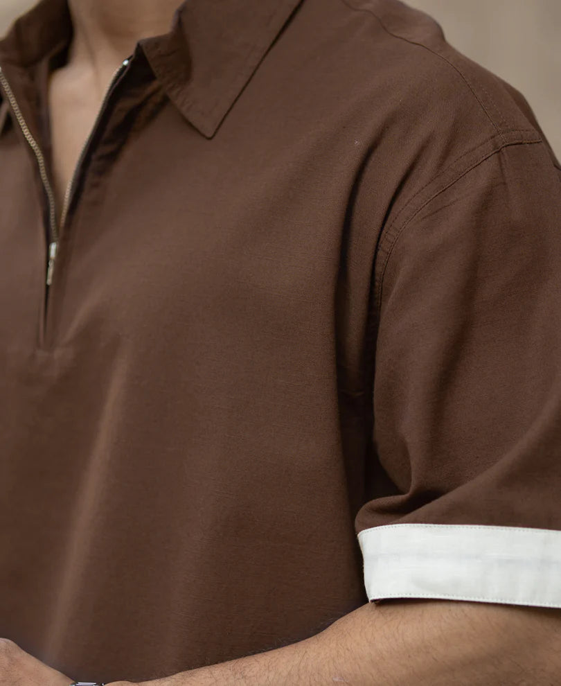 Powerlook Dark Brown Boxy Fit Zipper Shirt Cotton