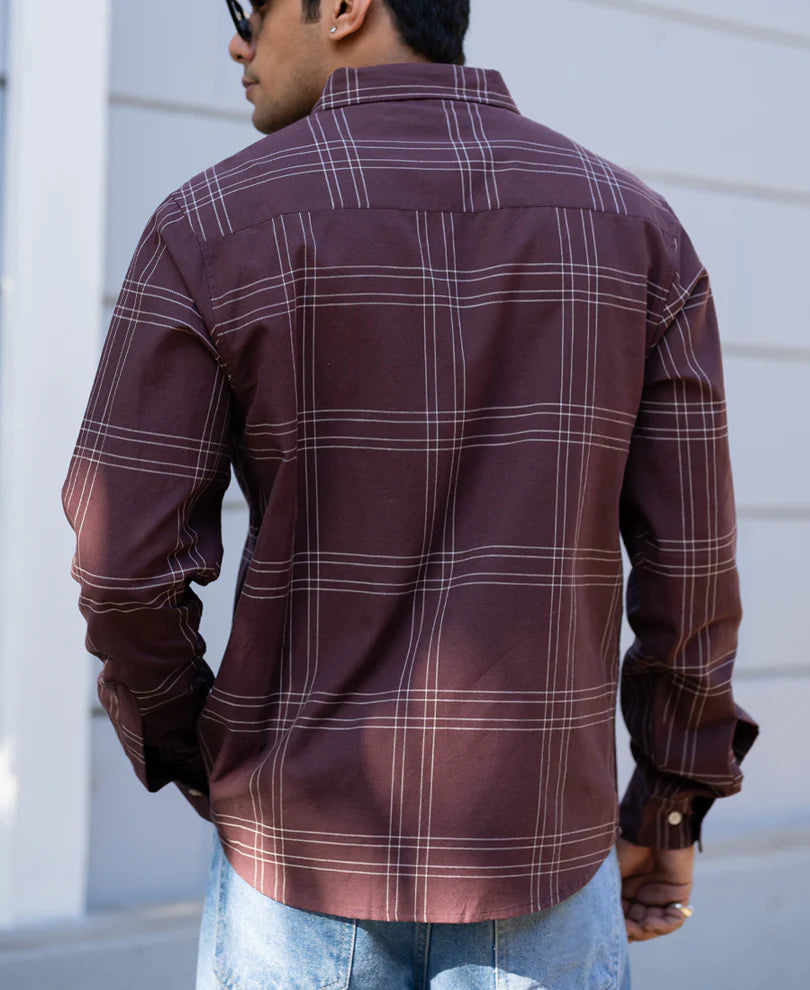 Powerlook Brown Linen Blend Checks Shirt Cotton