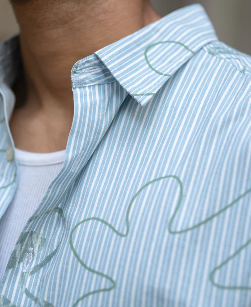 Powerlook Blue Stripe Abstract Print Shirt Cotton