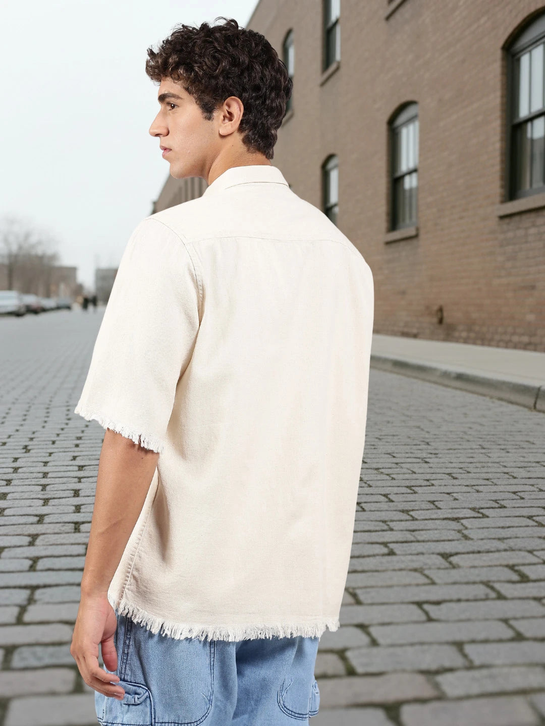 House Of Koala Off-White Raw Edge Oversized Box-Fit Spread Collar Premium Denim Shirt