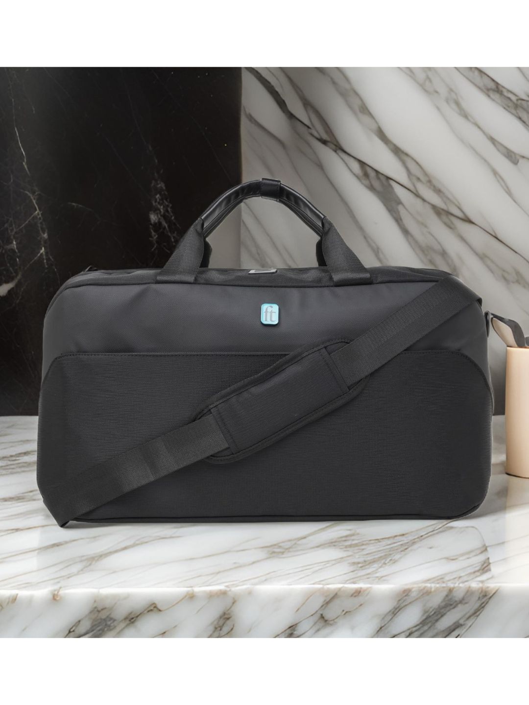 ft Frequent Traveller Elite Black Duffle Bag for Travel with Vegan Leather Trimmings Recessed USB Port Eco Responsible Light Weight with Padded Laptop Section, Mesh Pocket Inside Fashion Duffle Bag for Men and Women