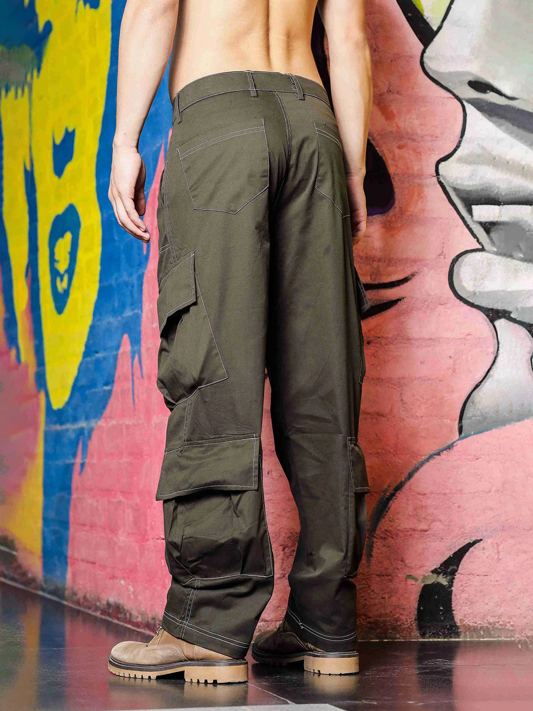 House Of Koala Relaxed fit Olive 8-Pocket Baggy Cargo Trousers