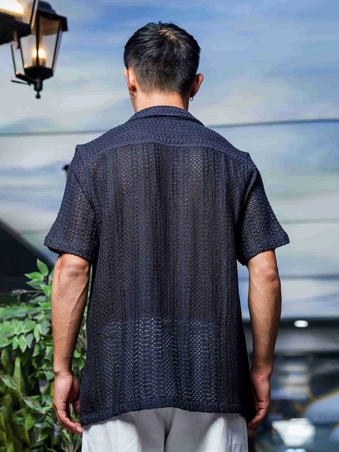 House Of Koala Relaxed Fit Black Cotton Crochet Resort Shirt