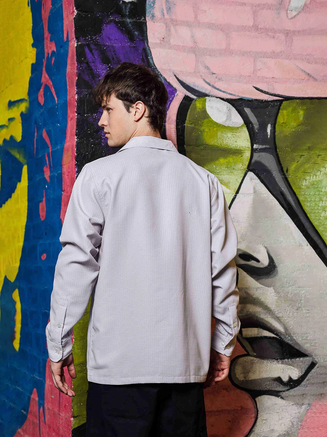 House Of Koala Grey Textured Notched Lapel Collar Regular Fit Korean Shacket Shirt