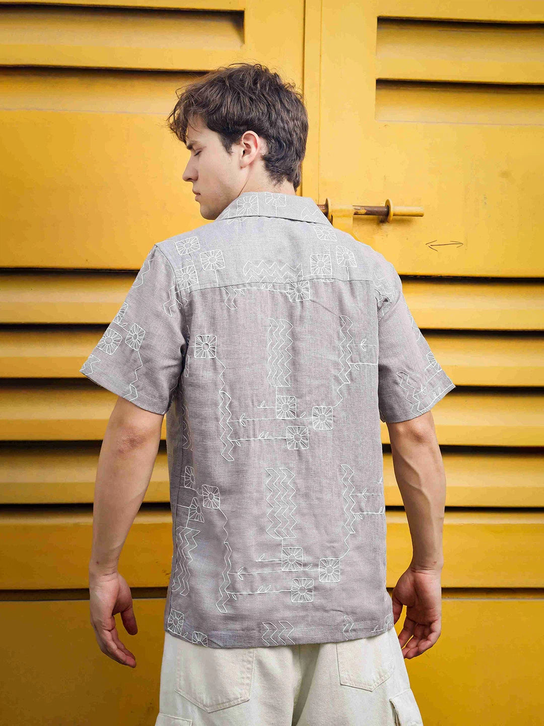 House Of Koala Linen Blend Grey Korean Notched Lapel Collar Resort Shirt