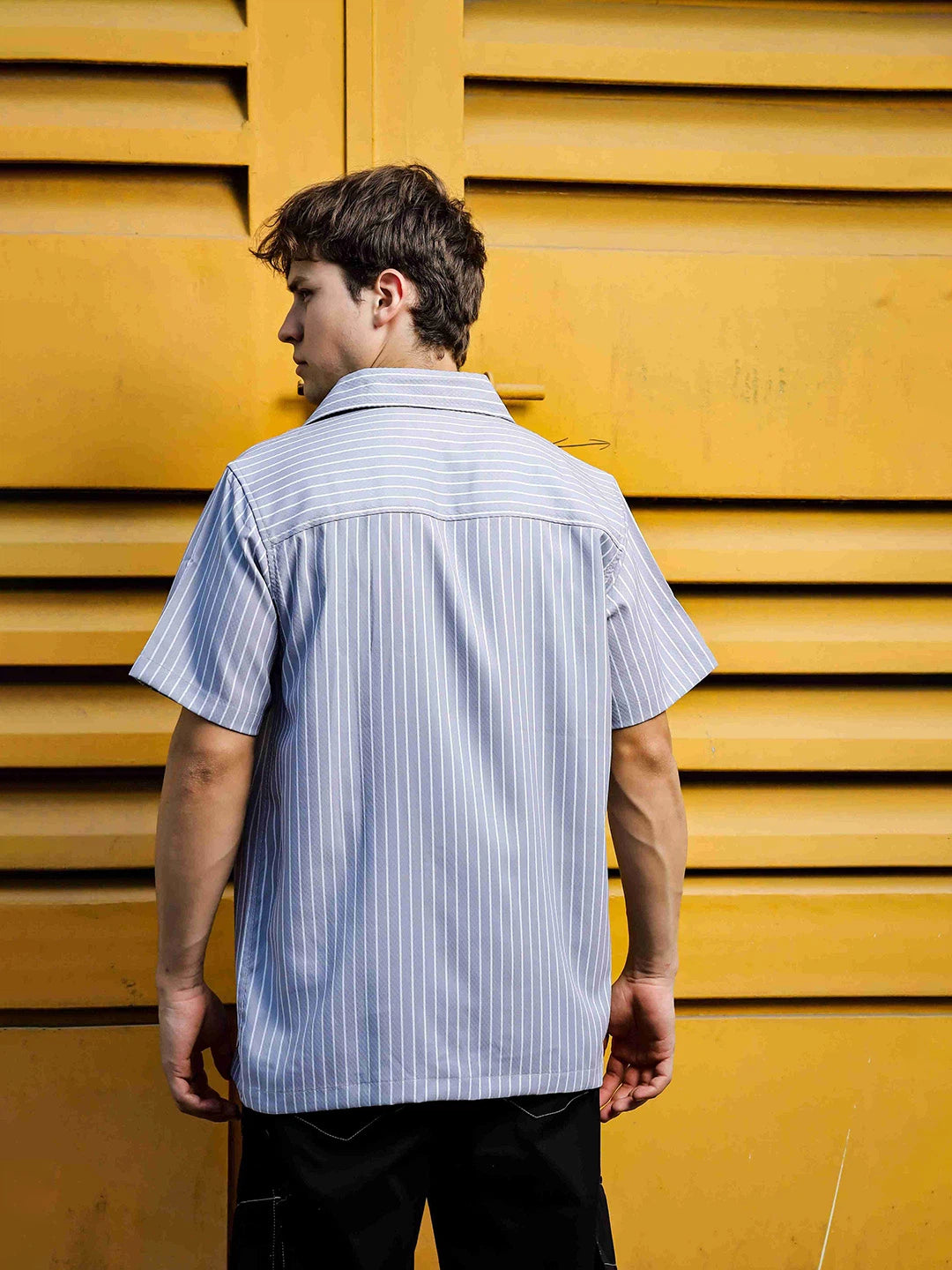 House Of Koala Grey PinStripe Textured Korean Notched Lapel Collar Resort Shirt