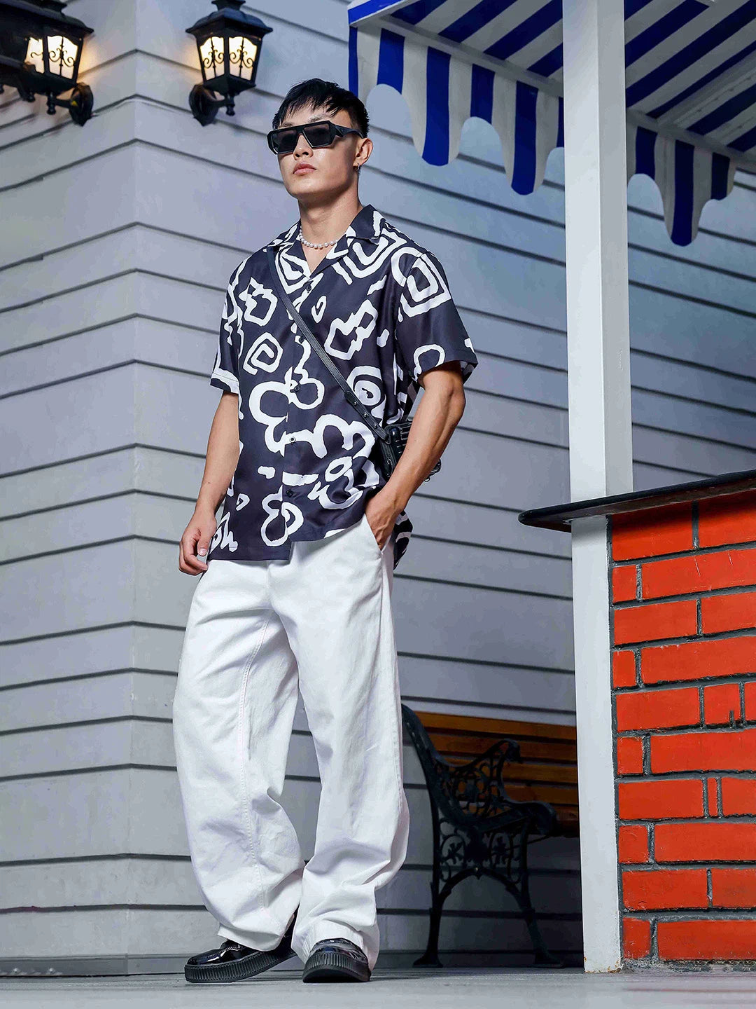House Of Koala Black Abstract Floral Printed Cuban Collar Oversized Resort Shirt