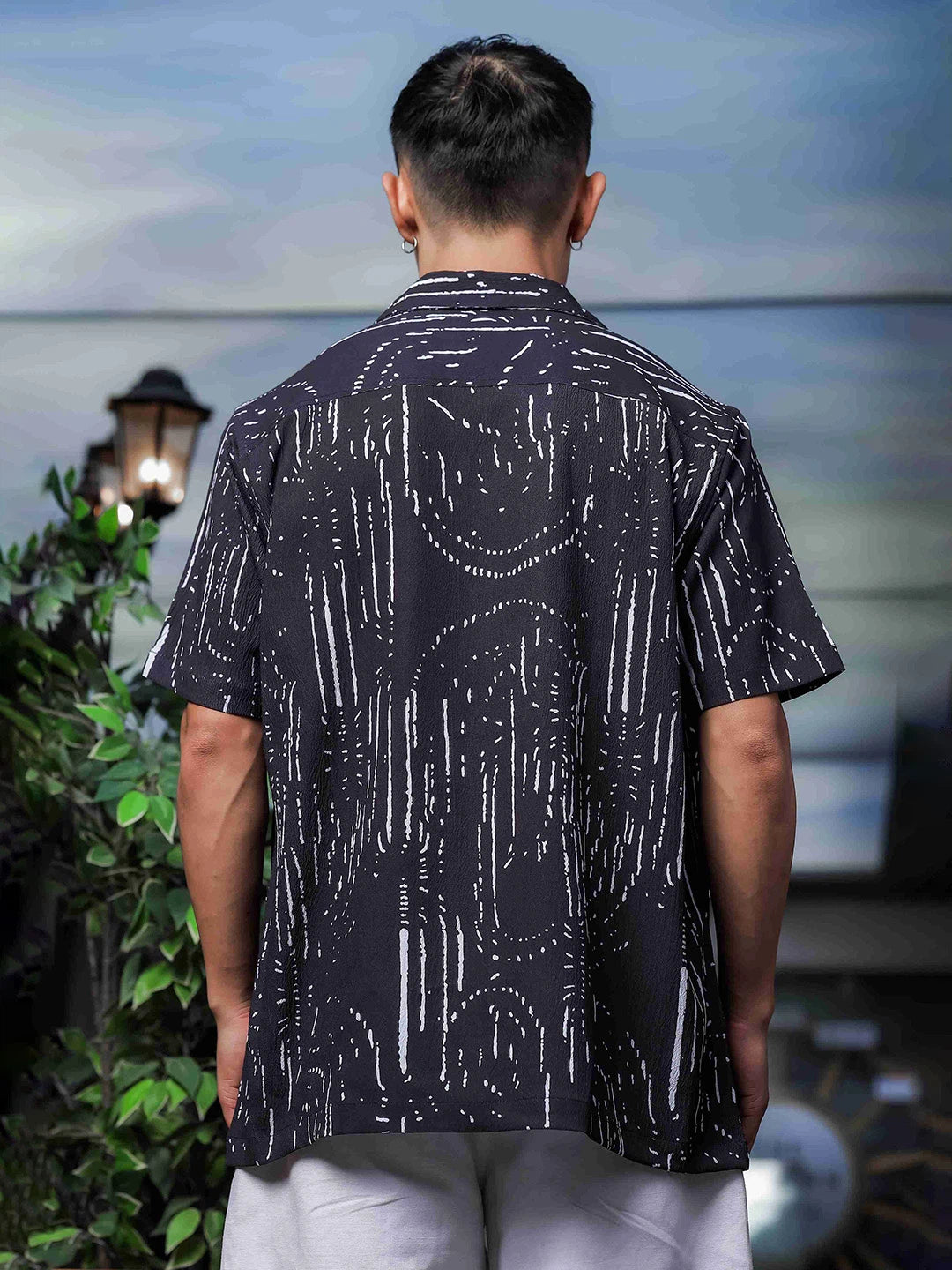 House Of Koala Black Abstract Printed Cuban Collar Relaxed Fit Resort Shirt