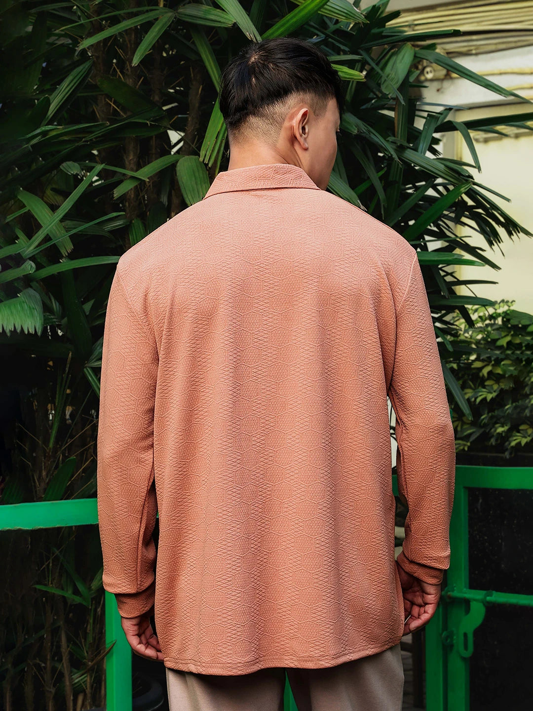 House Of Koala Brown Solid Textured Cable Knit Drop-Shoulder Relaxed Fit Polo Neck Full Sleeve T-Shirt