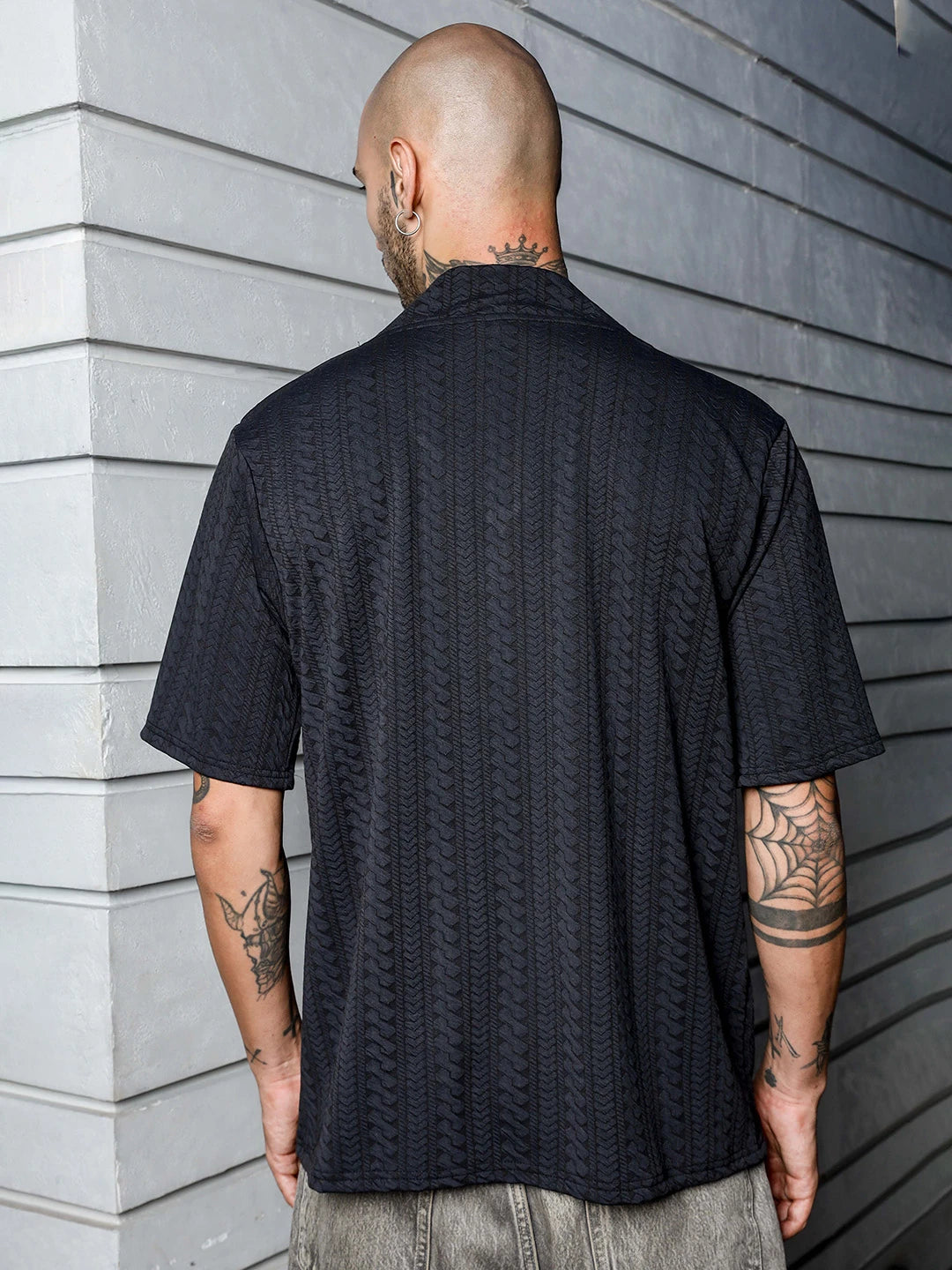 House Of Koala Black Textured V-Neck Oversized T-Shirt
