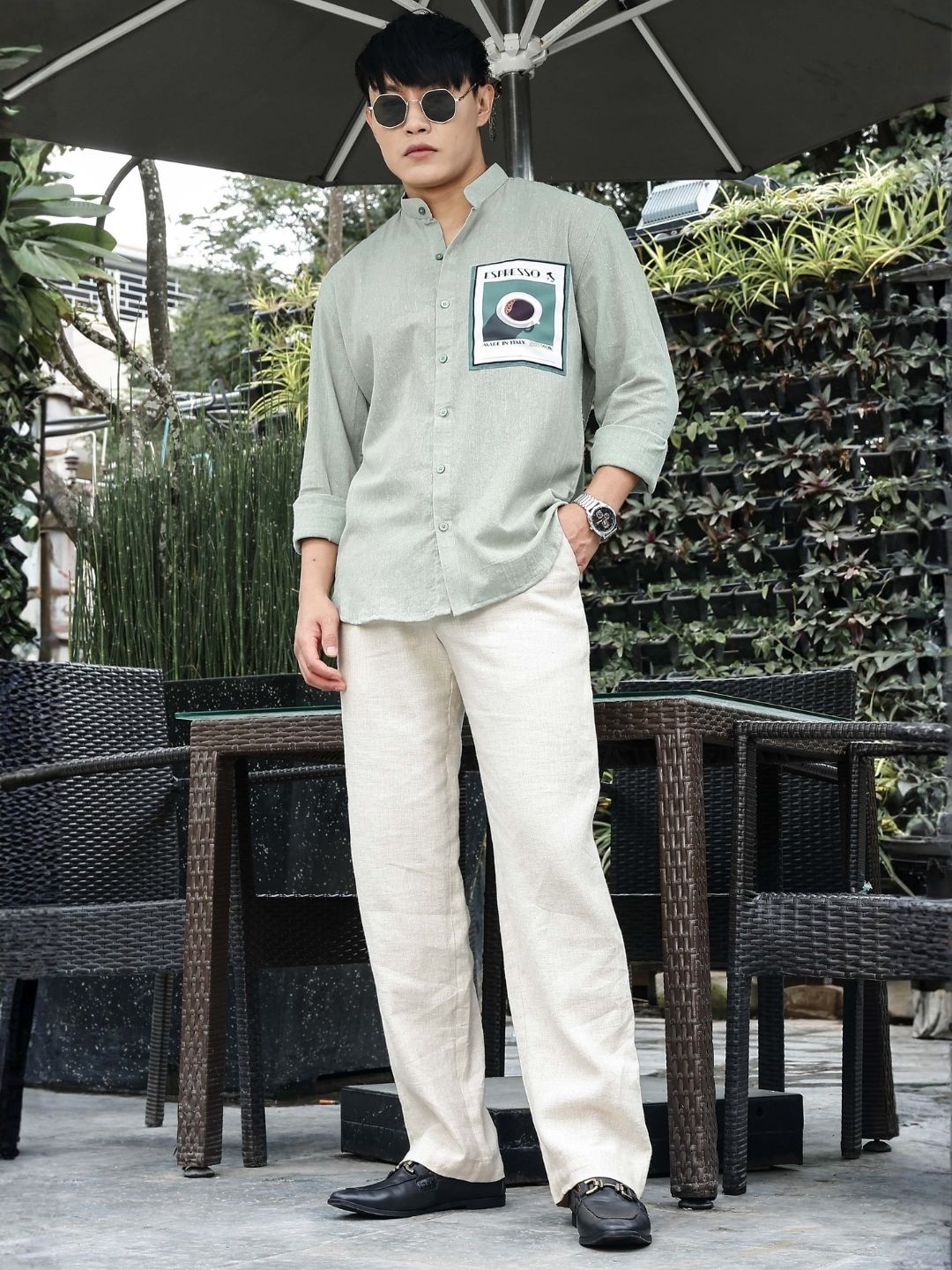 House Of Koala Khadi Blend Olive Green Mandarin Collar Relaxed Fit Shirt