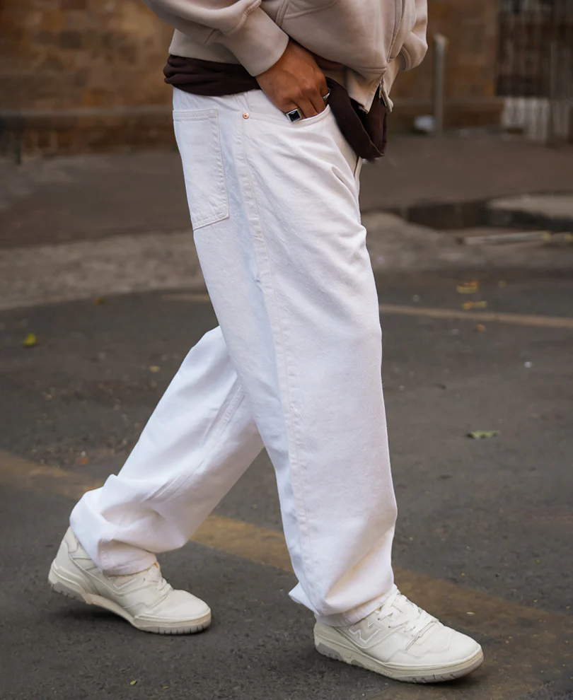 Powerlook White Denim Solid Baggy Fit Jeans
