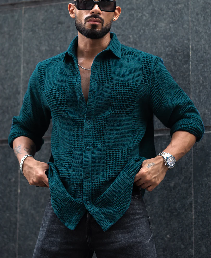 Powerlook Teal Blue Waffle Structure Regular Fit Full Sleeves Shirt