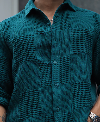Powerlook Teal Blue Waffle Structure Regular Fit Full Sleeves Shirt