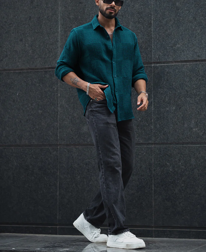Powerlook Teal Blue Waffle Structure Regular Fit Full Sleeves Shirt