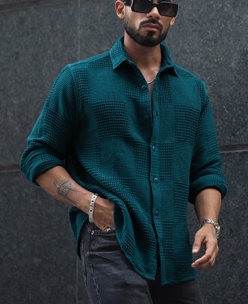 Powerlook Teal Blue Waffle Structure Regular Fit Full Sleeves Shirt