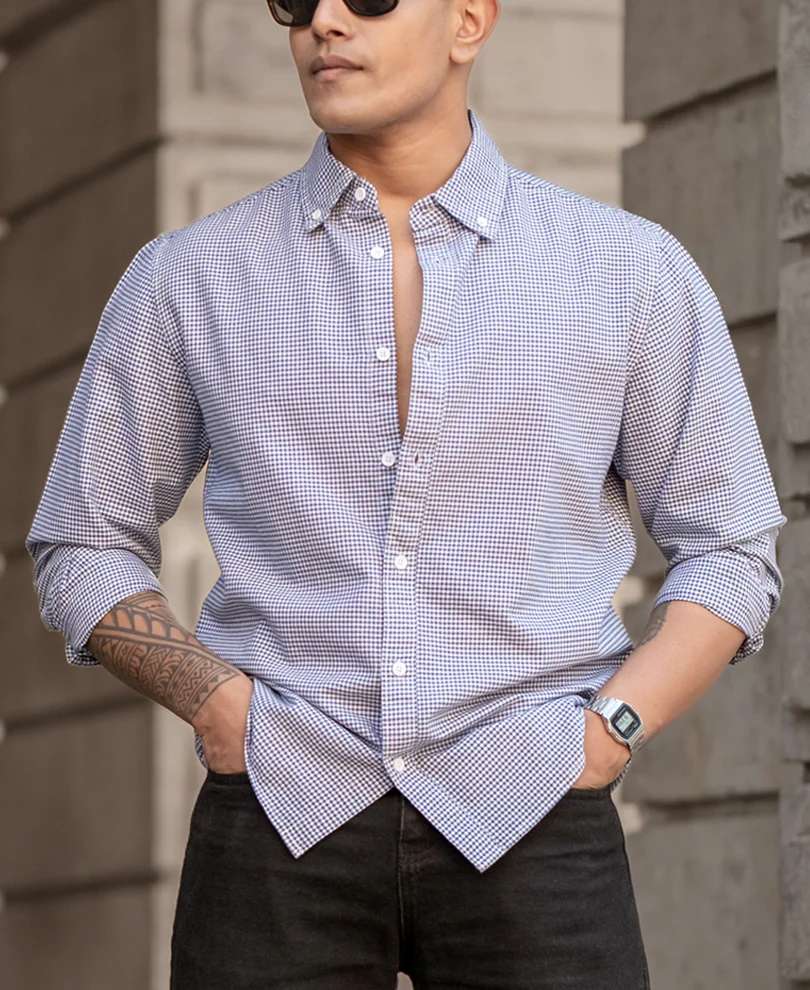 Powerlook Navy Micro Check Lightweight Shirt  Cotton
