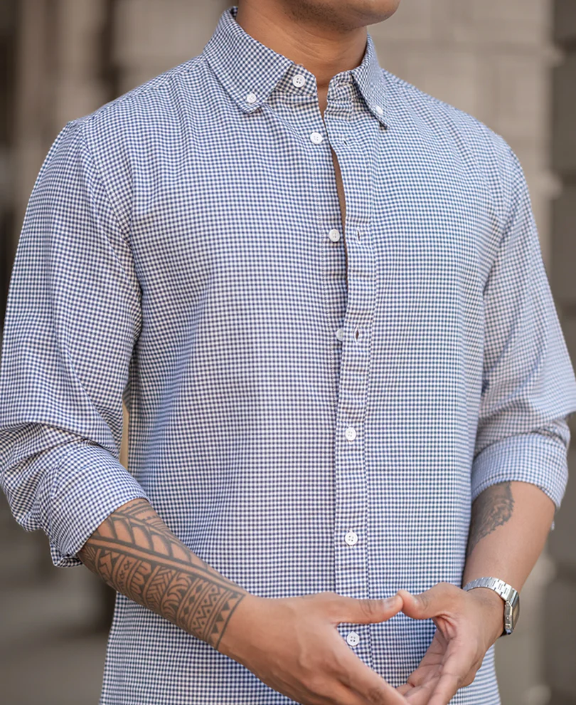 Powerlook Navy Micro Check Lightweight Shirt  Cotton