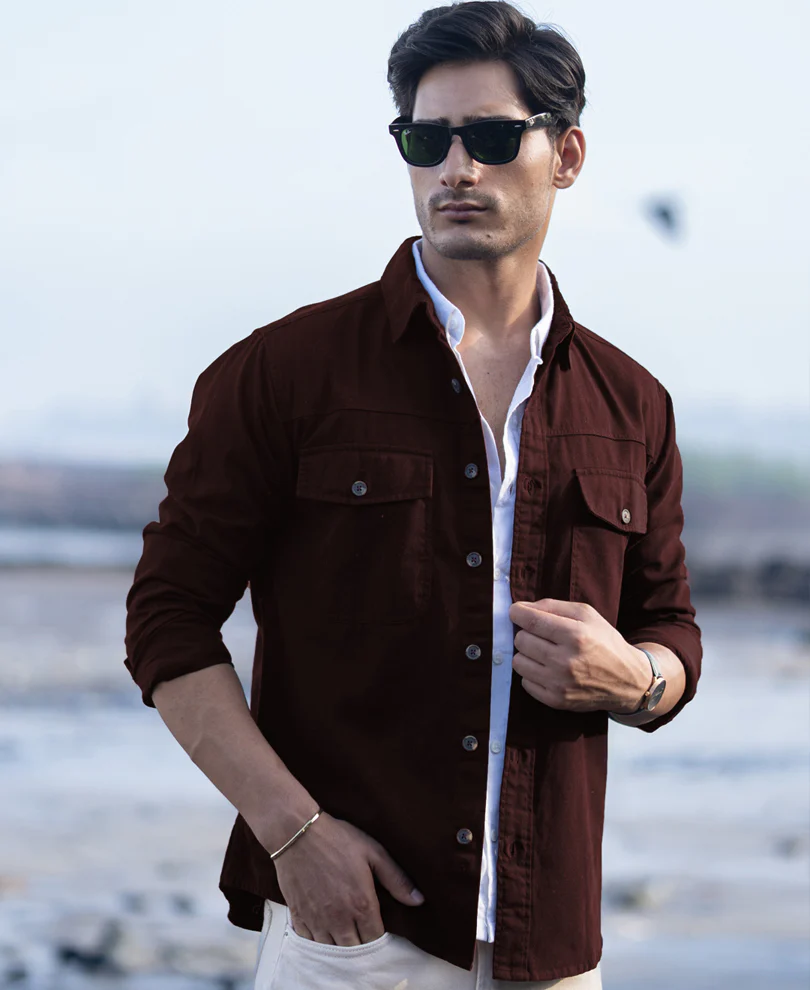 Powerlook Wine Structured Overshirt With Pockets  Cotton