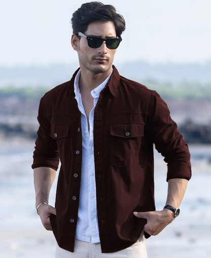 Powerlook Wine Structured Overshirt With Pockets  Cotton