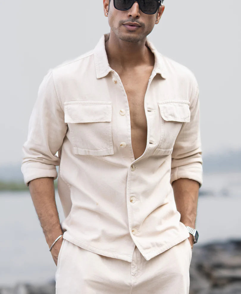 Powerlook Beige Denim Overshirt  Cotton