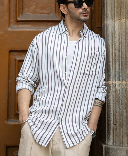 Powerlook White Linen Blend Stripe Shirt