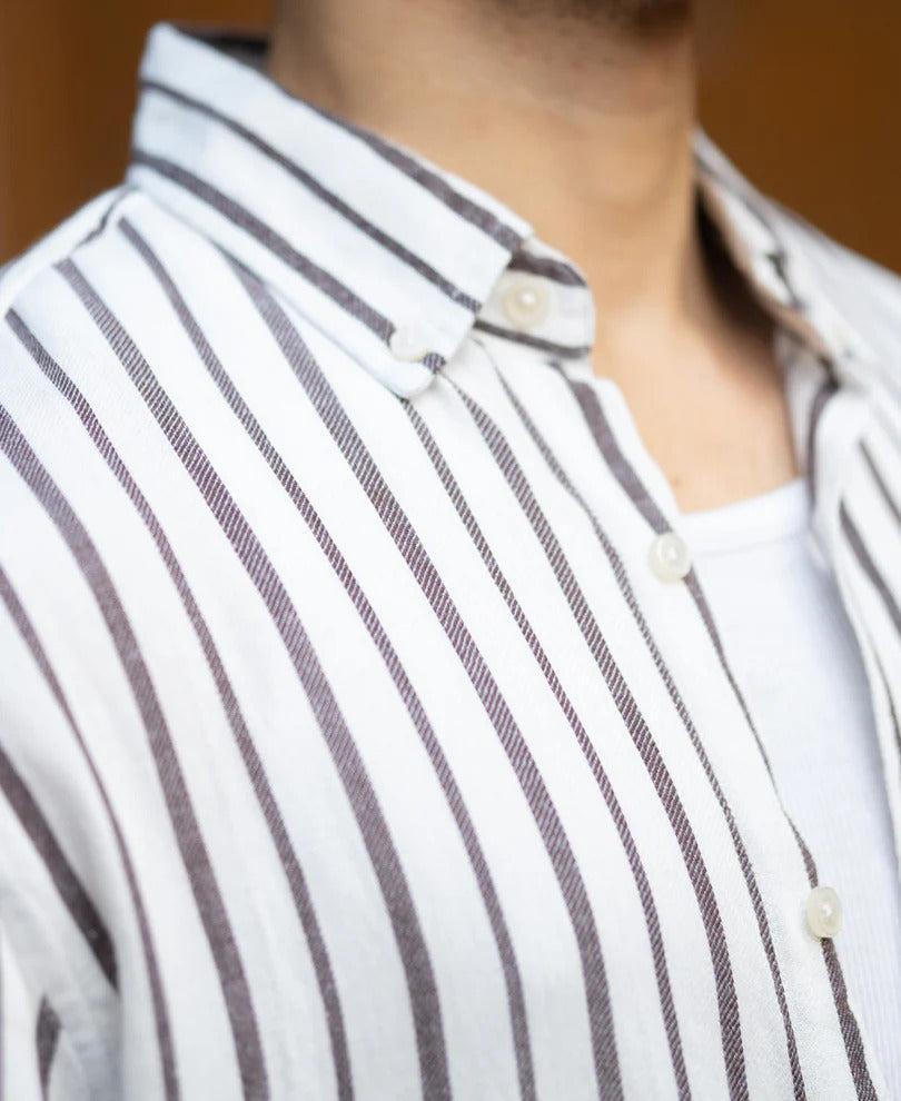 Powerlook White Linen Blend Stripe Shirt