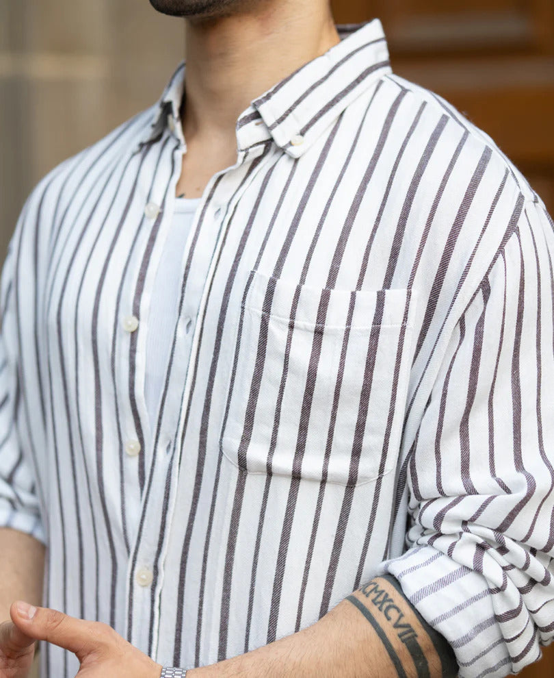 Powerlook White Linen Blend Stripe Shirt