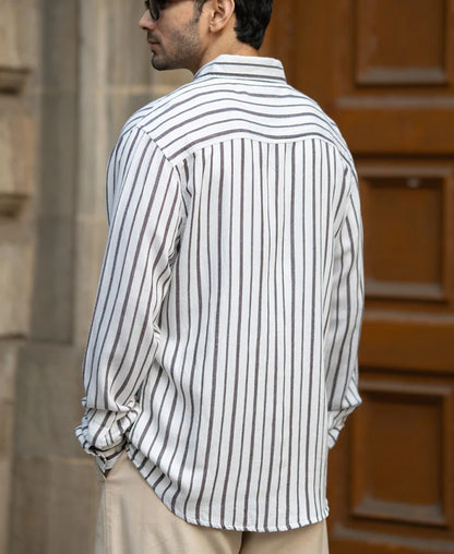 Powerlook White Linen Blend Stripe Shirt