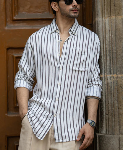 Powerlook White Linen Blend Stripe Shirt
