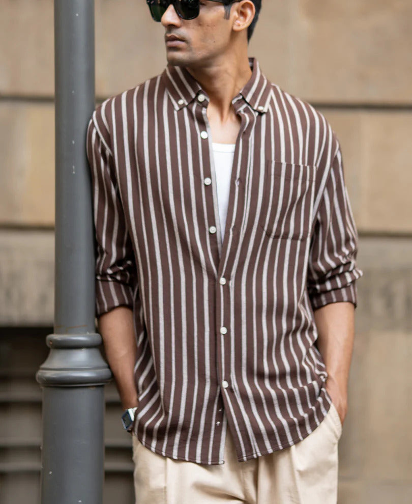 Powerlook Brown Linen Blend Stripe Shirt