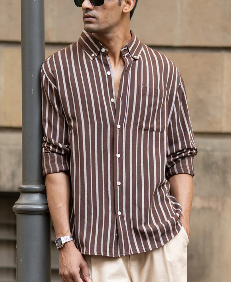 Powerlook Brown Linen Blend Stripe Shirt