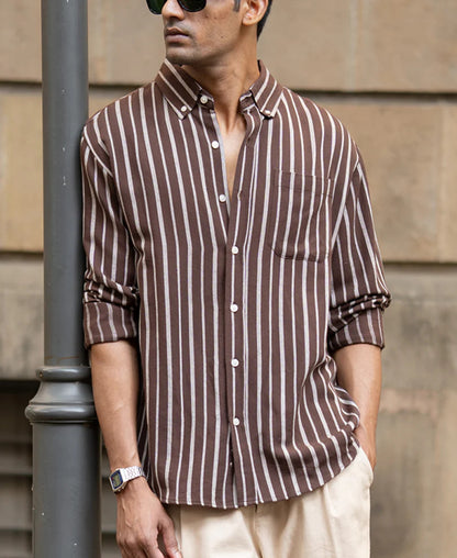 Powerlook Brown Linen Blend Stripe Shirt