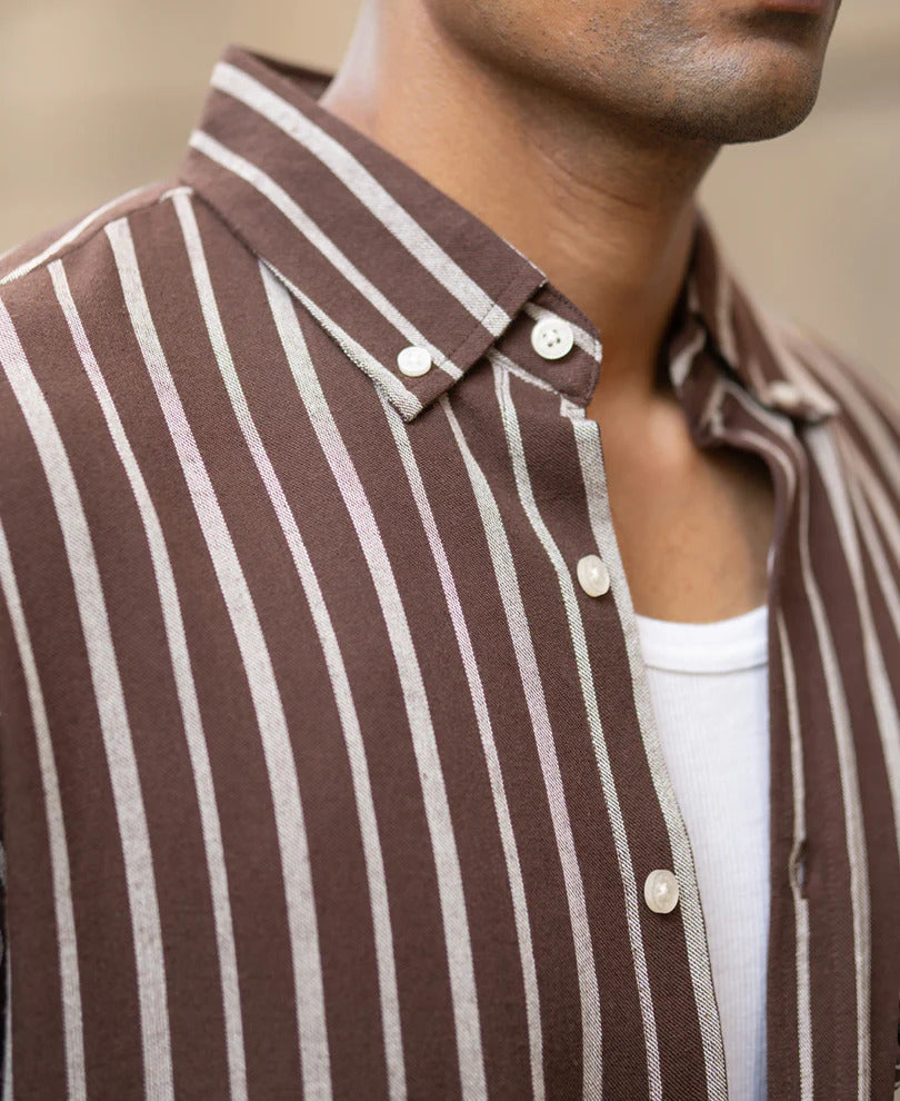 Powerlook Brown Linen Blend Stripe Shirt