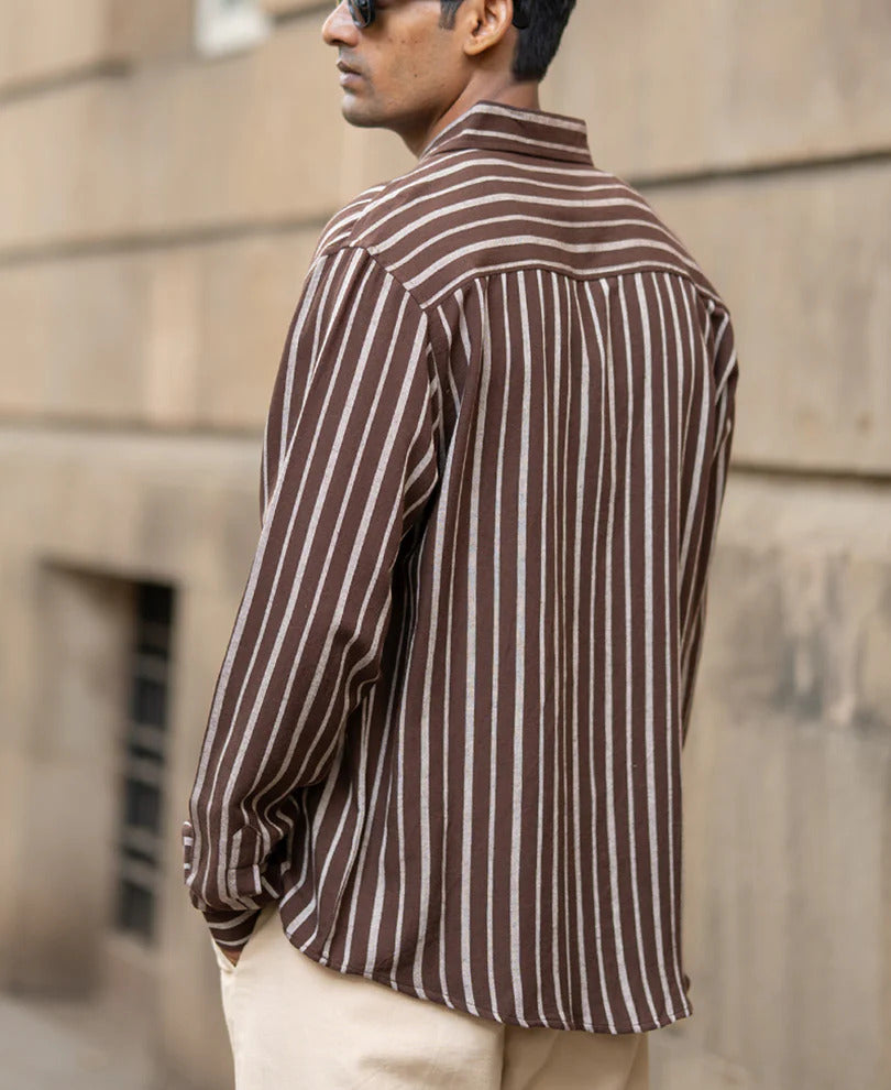 Powerlook Brown Linen Blend Stripe Shirt