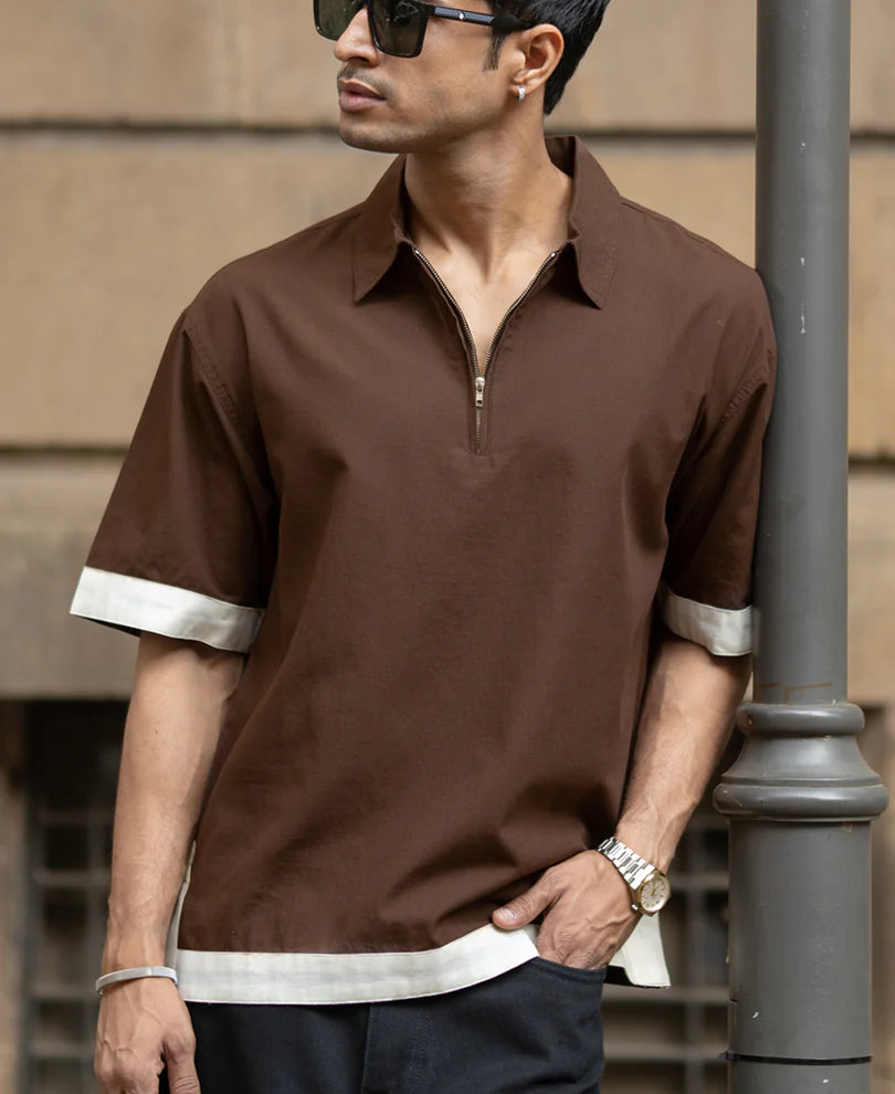 Powerlook Dark Brown Boxy Fit Zipper Shirt  Cotton