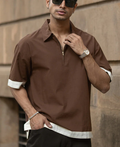 Powerlook Dark Brown Boxy Fit Zipper Shirt  Cotton