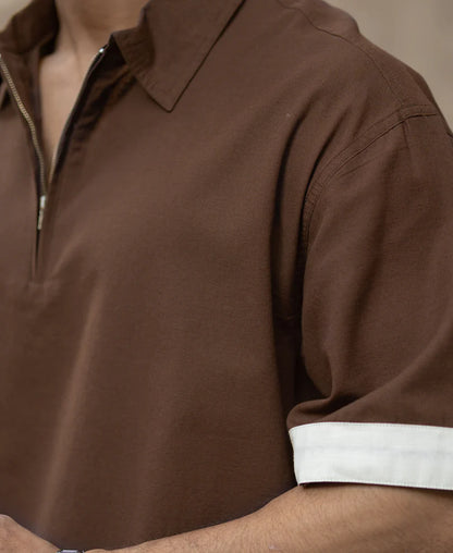 Powerlook Dark Brown Boxy Fit Zipper Shirt  Cotton