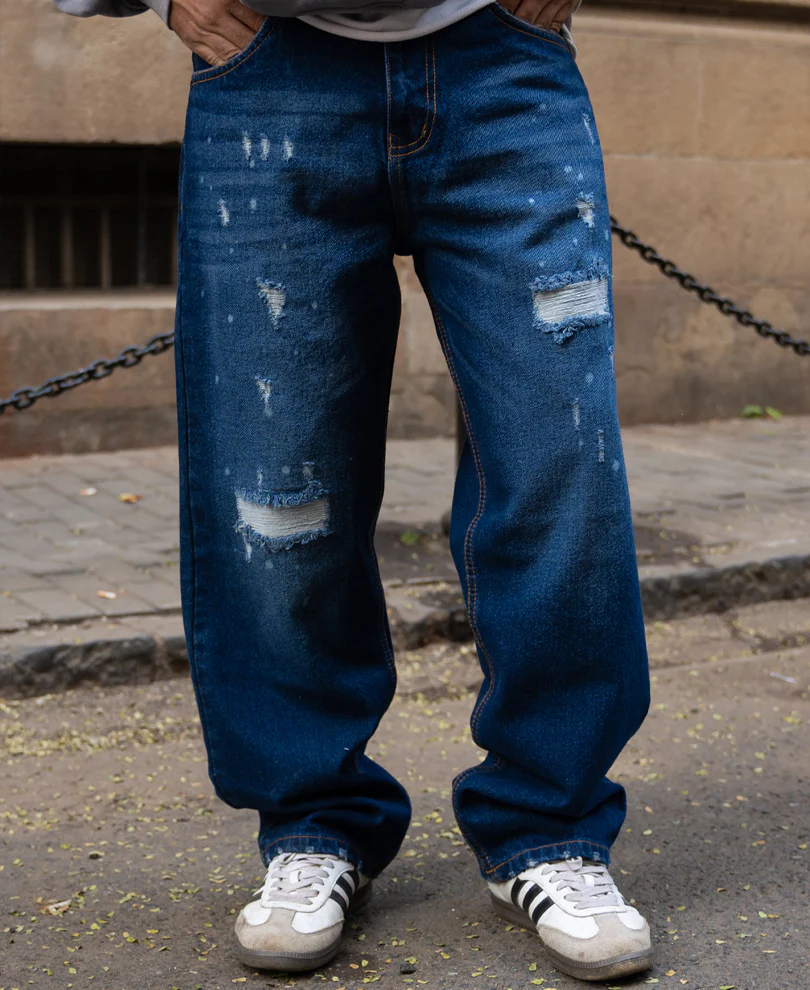 Powerlook Dark Blue Distressed Baggy Fit Jeans