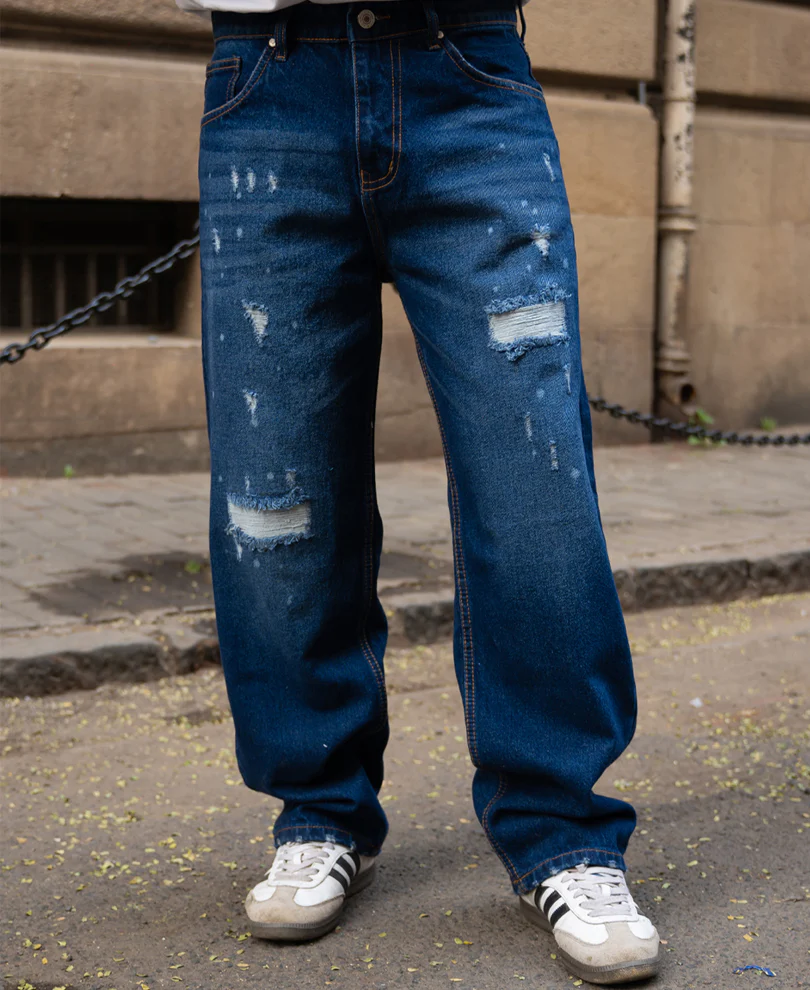 Powerlook Dark Blue Distressed Baggy Fit Jeans