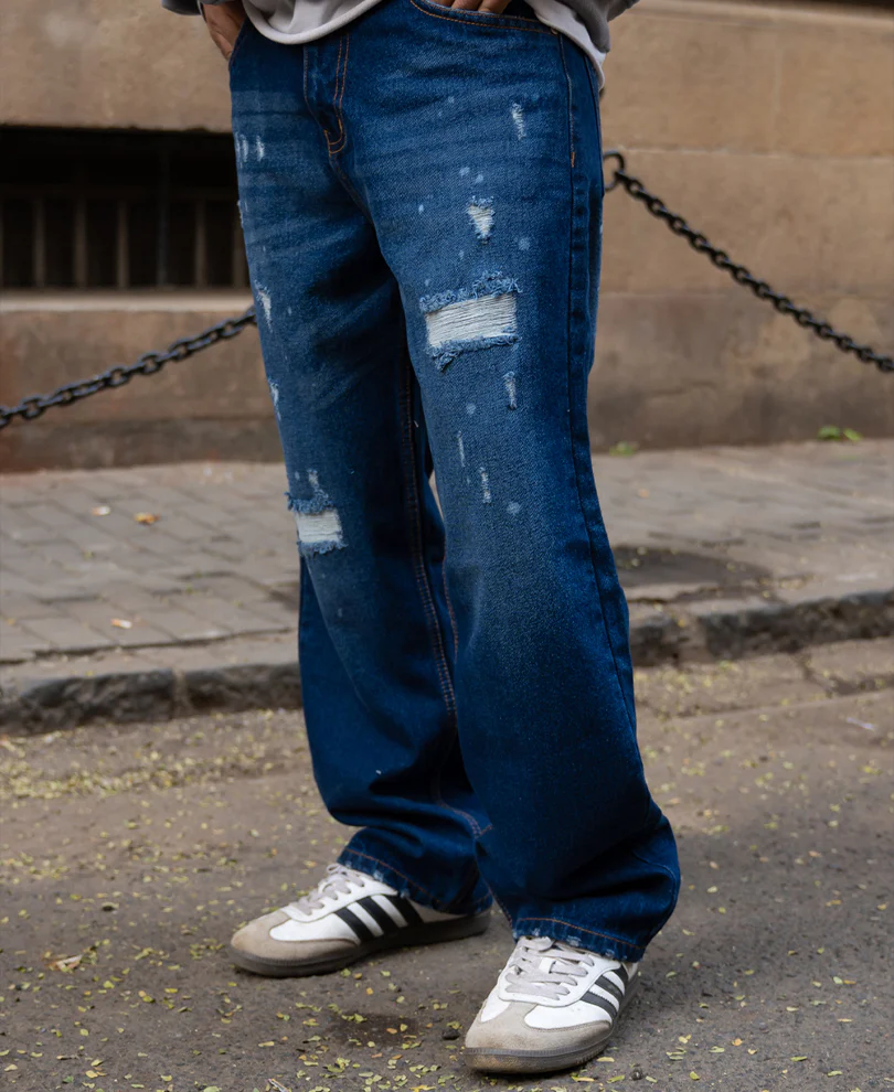 Powerlook Dark Blue Distressed Baggy Fit Jeans