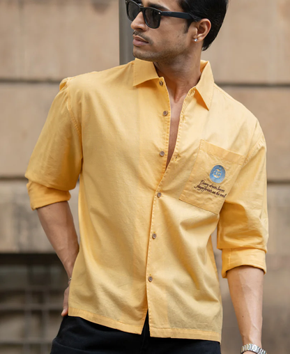 Powerlook Mustard Yellow Embroidered Shirt  Cotton