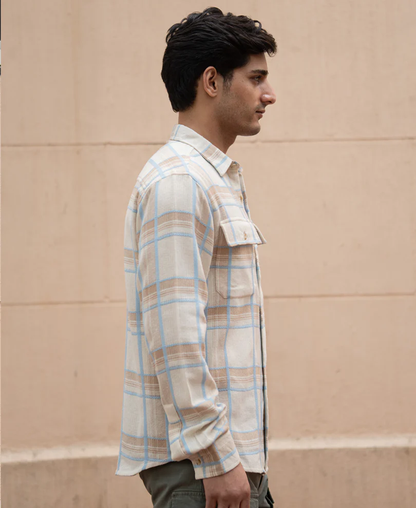 Powerlook Beige Double Pocket Checks Shirt