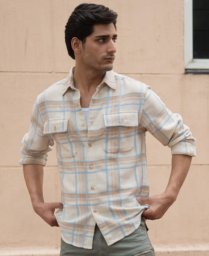 Powerlook Beige Double Pocket Checks Shirt