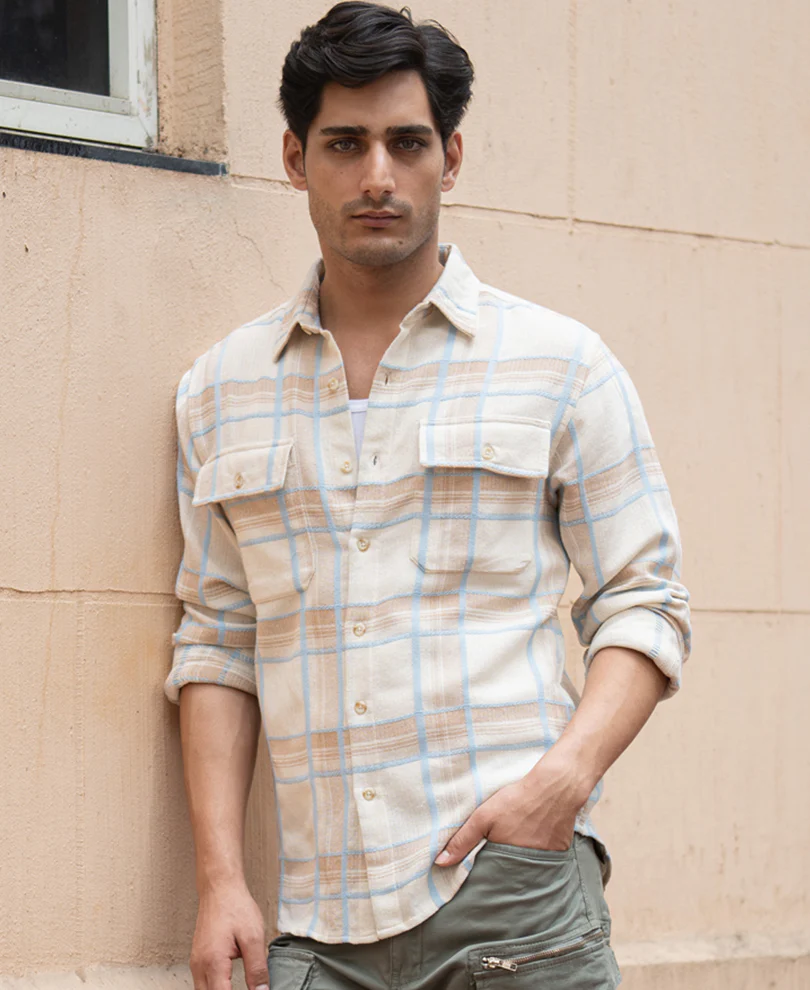 Powerlook Beige Double Pocket Checks Shirt