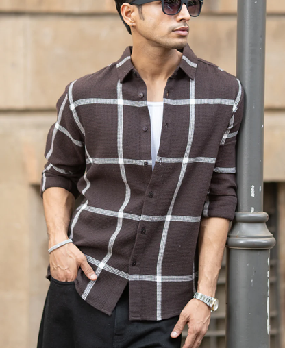 Powerlook Brown Structure Checks Shirt
