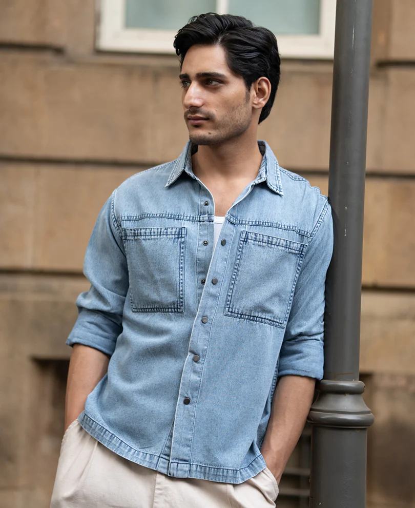 Powerlook Blue Double Pocket Denim Shirt  Cotton