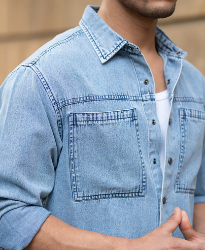 Powerlook Blue Double Pocket Denim Shirt  Cotton