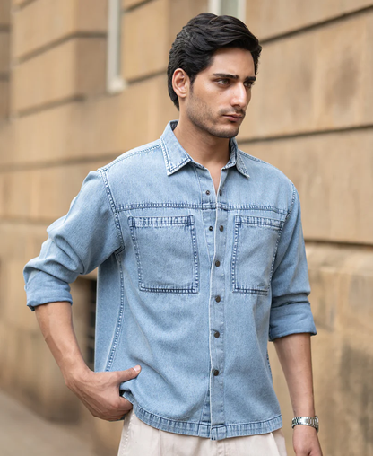 Powerlook Blue Double Pocket Denim Shirt  Cotton